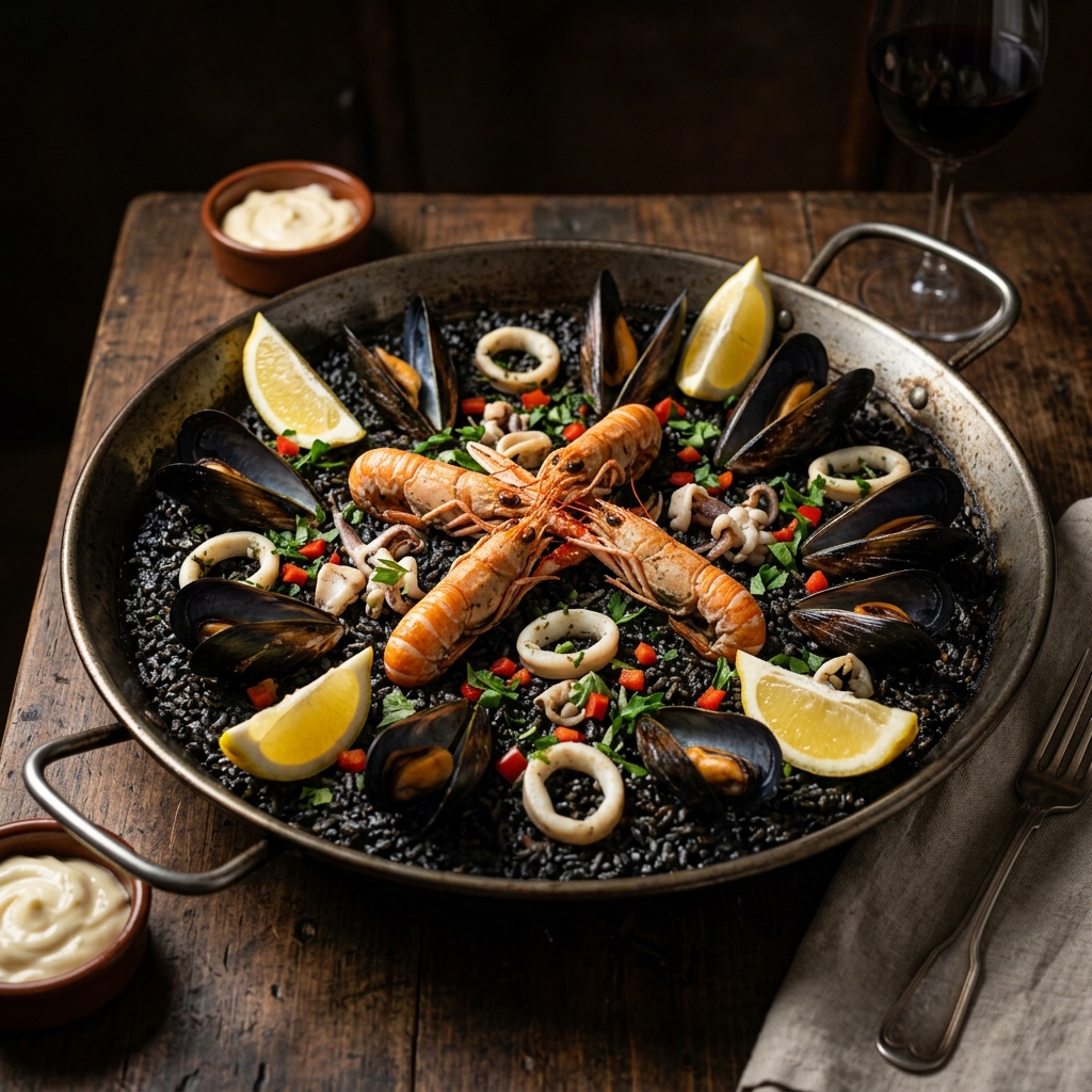 Паэлья negra с морепродуктами